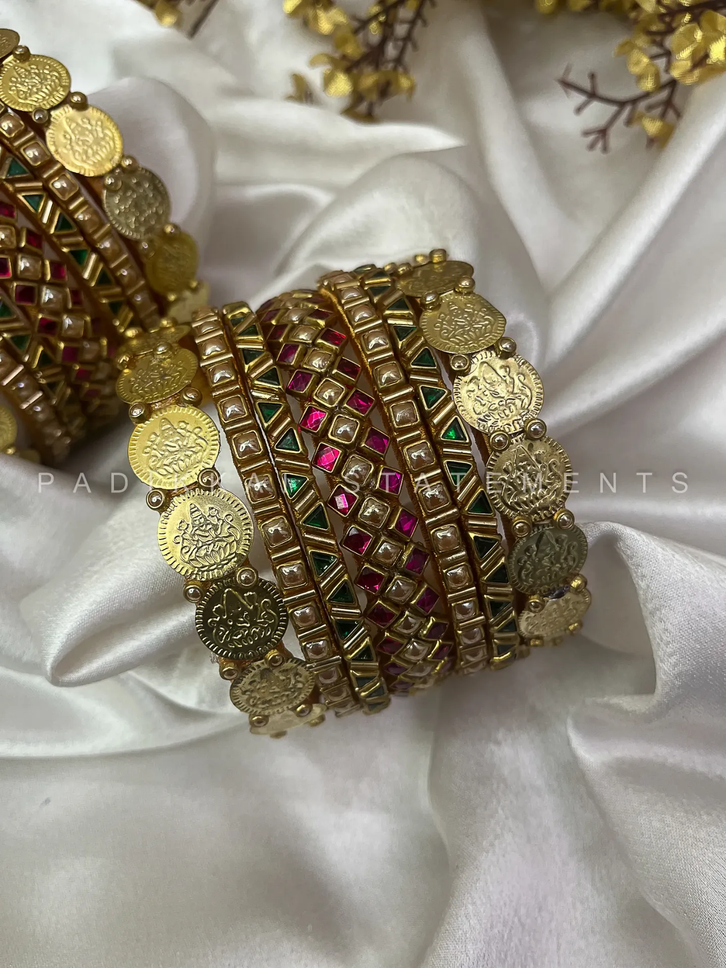 [00055 BN STP A 2.2 1H] Royal Lakshmi Coin Bangle Set – Rani Pink and Dark Green | Padikkai (Single Hand Set, 2.2)