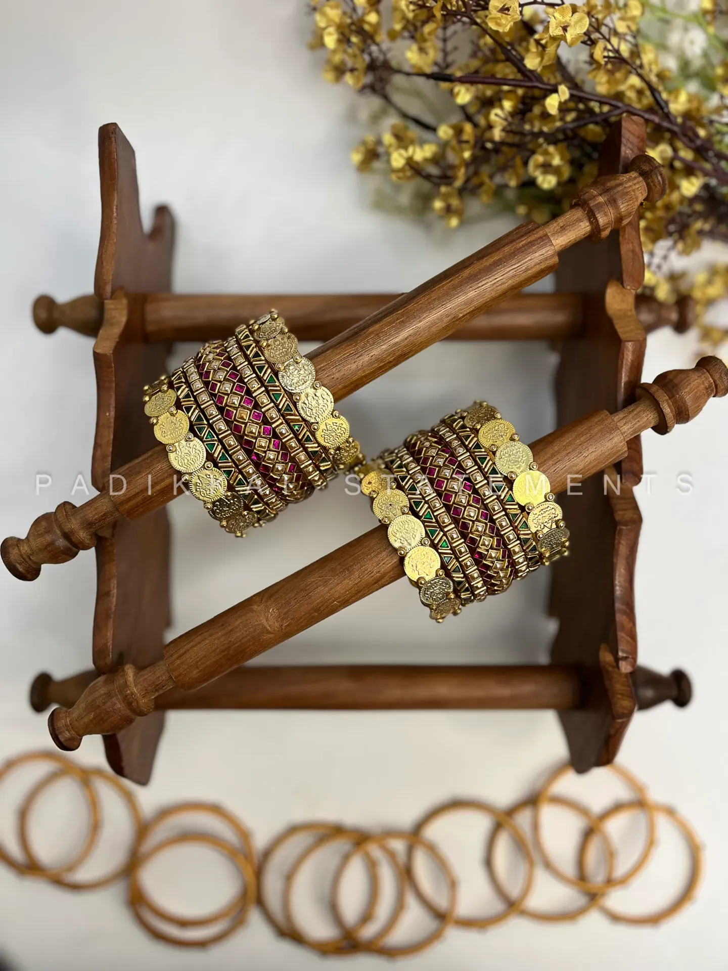 Royal Lakshmi Coin Bangle Set – Rani Pink and Dark Green | Padikkai (Single Hand Set, 2.2)