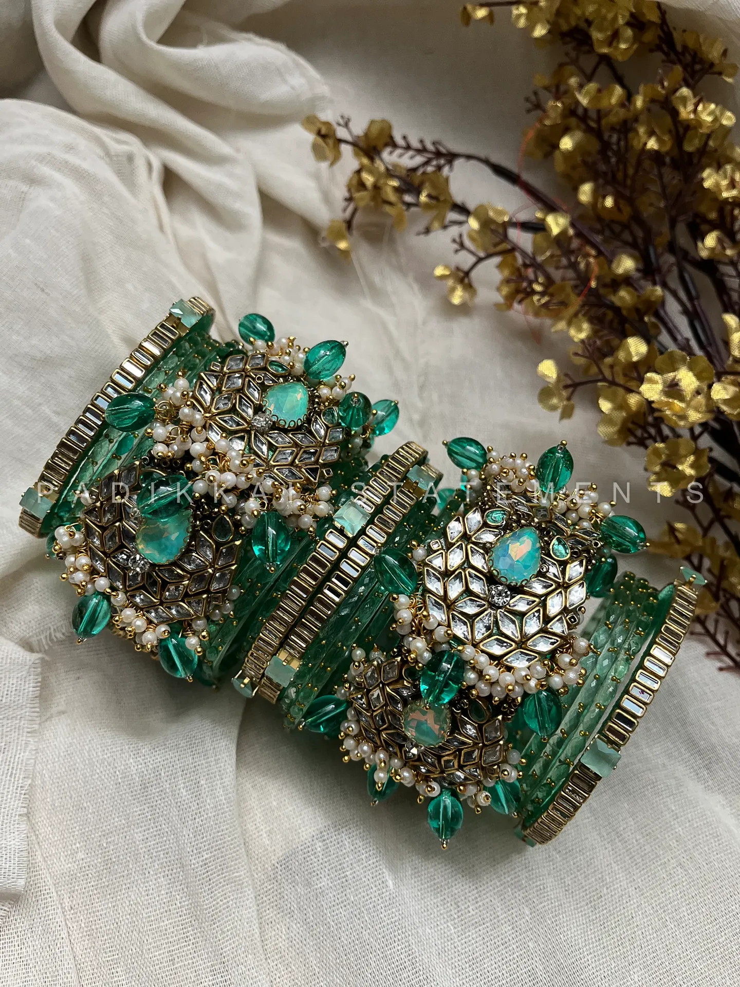 Chandra Half Moon Engagement Set – Sea Green and Mirror White | Padikkai (2.2, With Glass Bangles)