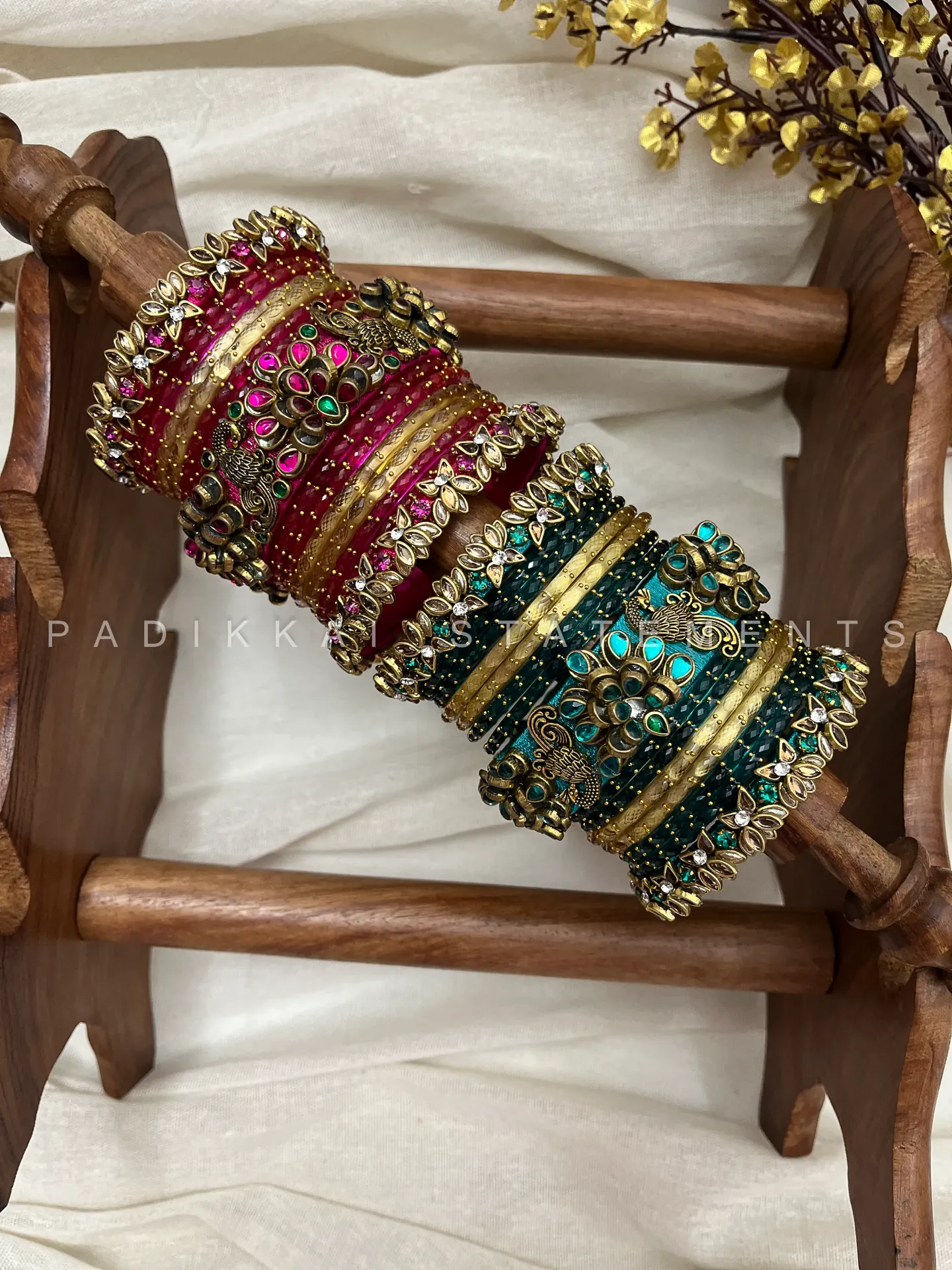 [00063 BN MS A 2.2 1H] Peacock Prabhavam Gold Lotus Bangle Set – Rani Pink and Peacock Green | Padikkai (2.2, Peacock Green, Single Hand Set)
